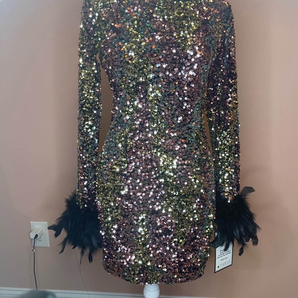 Sequin Long-Sleeve Mini Dress with Feather Cuffs - Multicolor - Picture 2 of 4